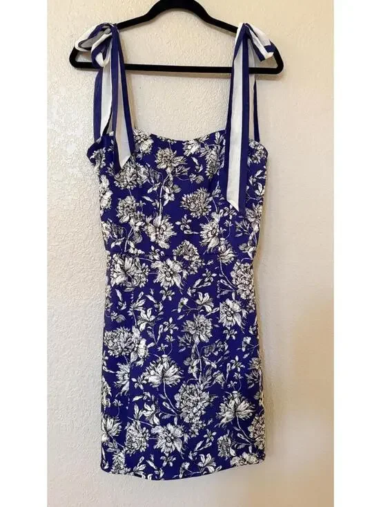 New Alice and Olivia Maryann Floral Tie Shoulder Dress Indigo Multi Sz 10 $440 - Picture 6 of 14